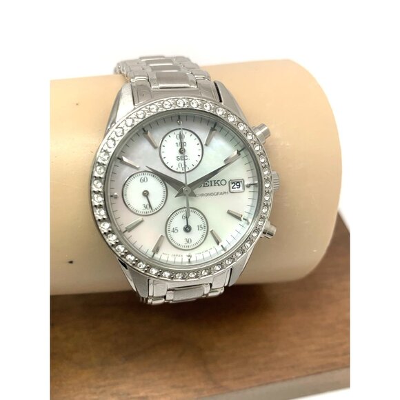 Seiko Women's Watch SNDY21 Quartz Mother of Pearl Dial Chronograph Silver Steel - Picture 11 of 14